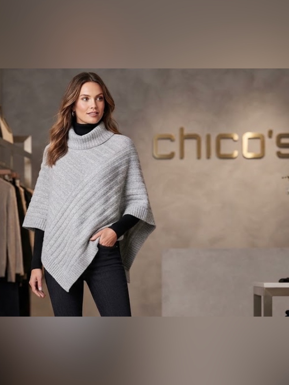 Authentic Chico’s signature turtleneck gray knit sweater cape sz S - M